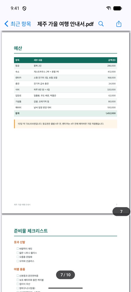 여행 안내서의 7쪽 예산 표
